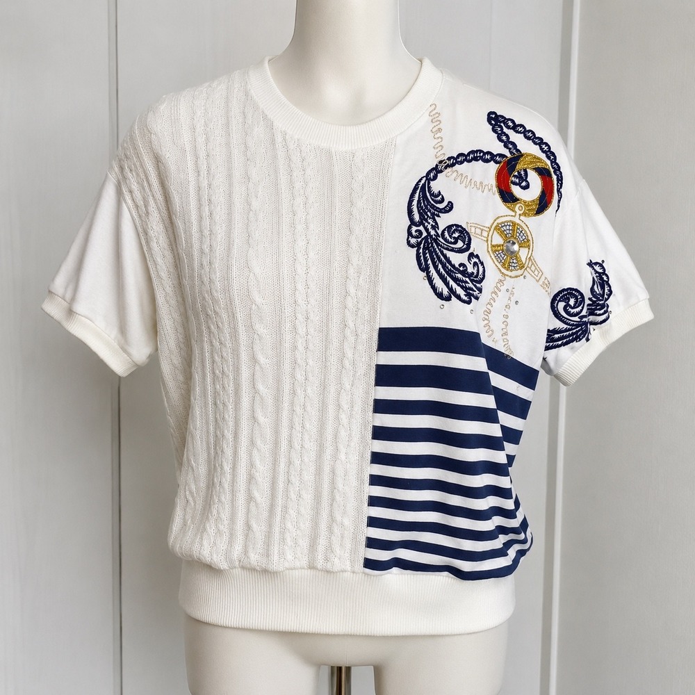 Vintage Christine Nautical Embroidered Cable‎ Knit sweater Shirt Top White Large